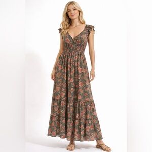 CIENNA Floral Maxi Dress Boho Smocked Waist Short Sleeve V-Neck Silk Blend M